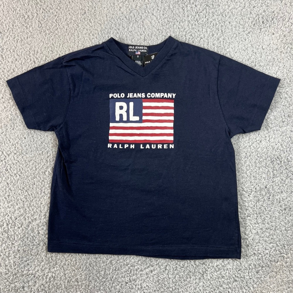 Polo Jeans Co Ralph Lauren Kids Navy Blue V-Neck T-Shirt US Size S VTG NWT